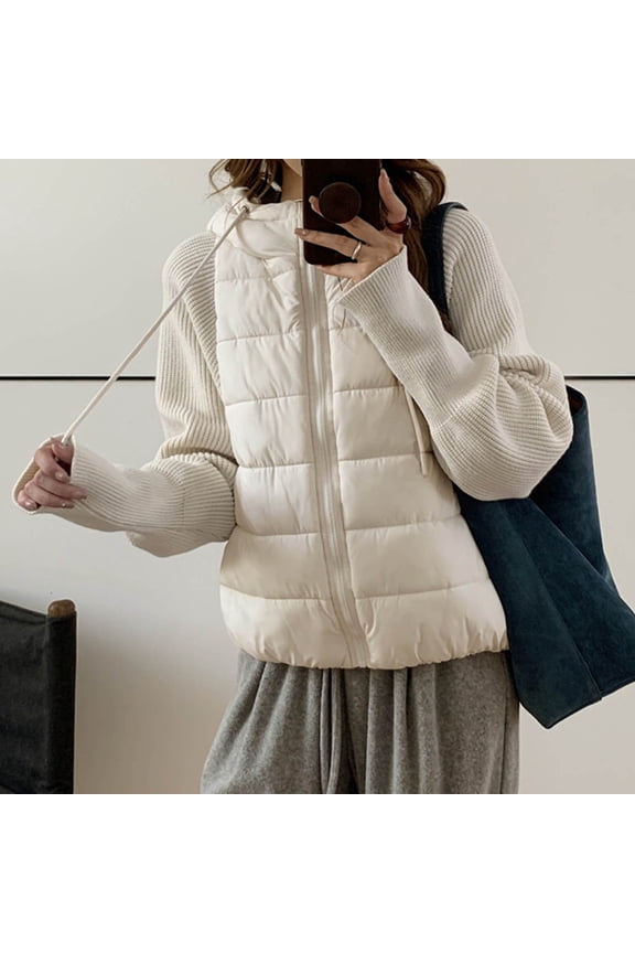 Women's Oversized Quilted Coats, Knit Sleeve Patchwork Jackets Thick Warm Cotton Padded Jacket Winter Outwear Coat with Pockets Beige XL