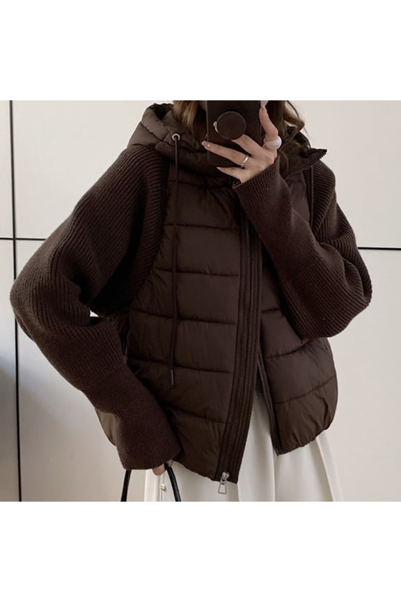 Women's Oversized Quilted Coats, Knit Sleeve Patchwork Jackets Thick Warm Cotton Padded Jacket Winter Outwear Coat with Pockets Brown XXL