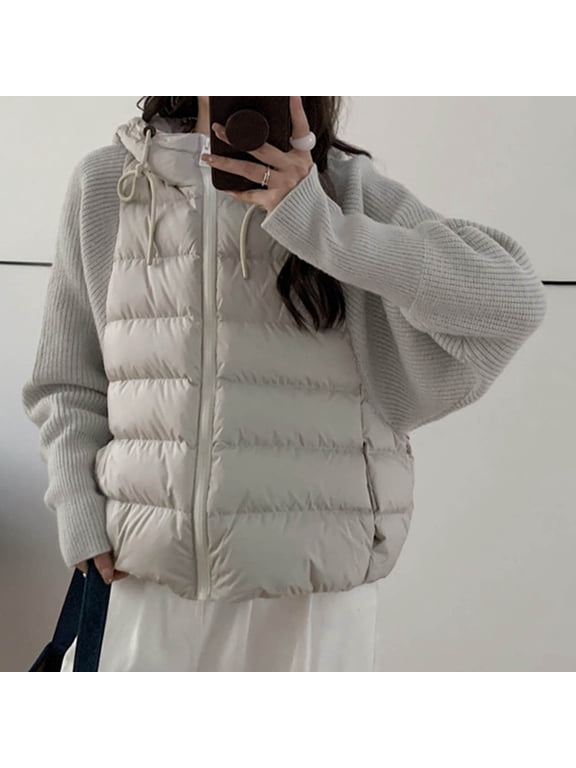 Women's Oversized Quilted Coats, Knit Sleeve Patchwork Jackets Thick Warm Cotton Padded Jacket Winter Outwear Coat with Pockets Gray XXL