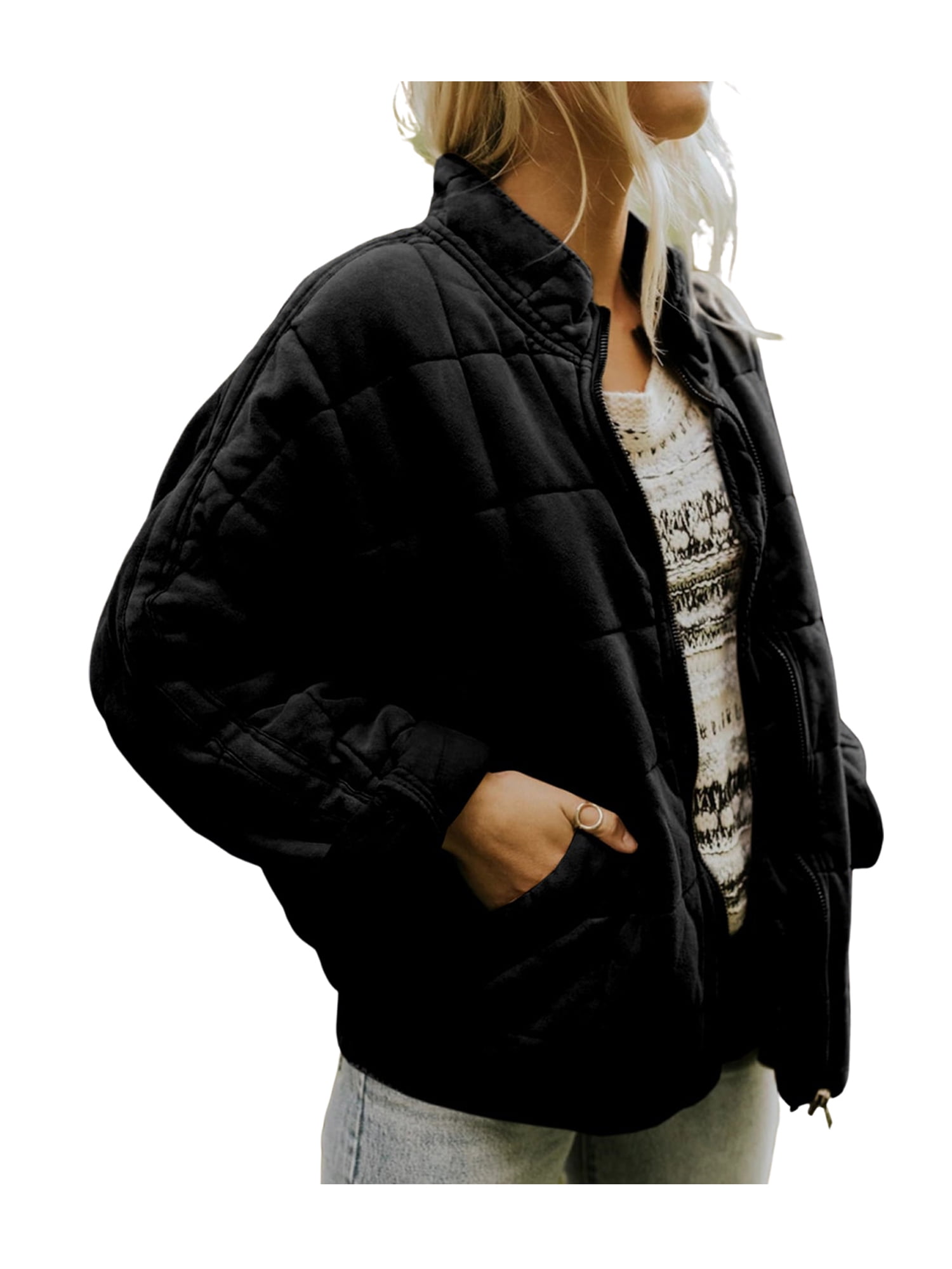 Women's Oversized Quilted Jackets Stand Collar Long Sleeve