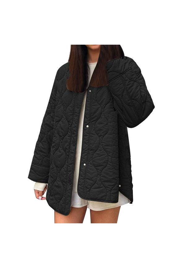 Women's Oversized Quilted Lightweight Jacket Button Down Puffer Padded Outerwear with Pocket