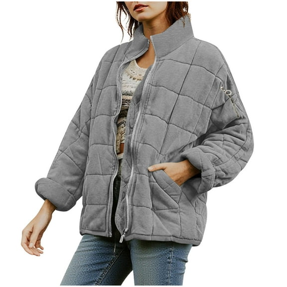 Women’s Oversized Quilted Lightweight Jacket Stand Collar Long Sleeve Zip Up Warm Winter Padded Coat Loose Fit Casual Down Style Outerwear,Gray,M