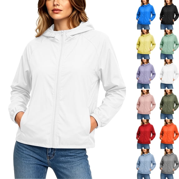 Women's Oversized Rain Jackets Waterproof Summer Hoode Solid Color Zipper Sunscreen Jacket