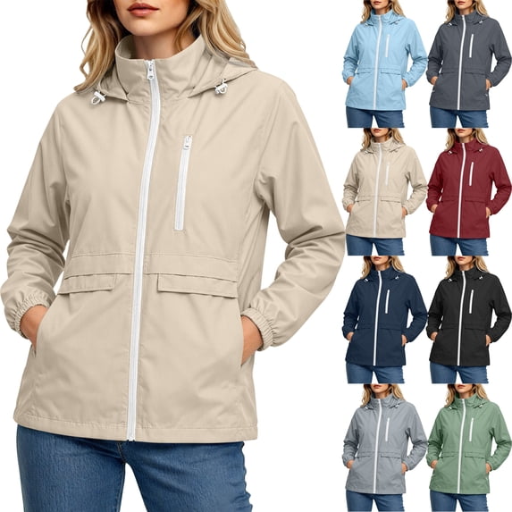 Women's Oversized Rain Jackets Waterproof Zip Up Hooded Windproof Jacket Foldable Raincoat Outdoor Hiking Sport