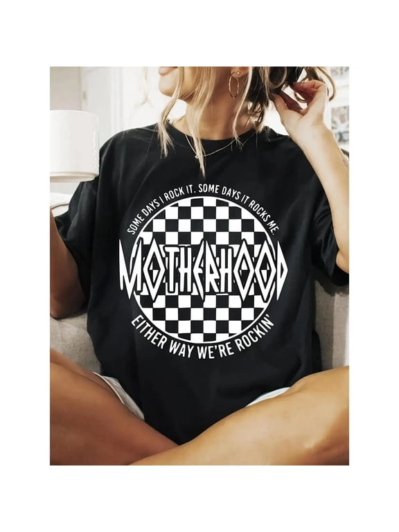 Women's Oversized Retro Heavyweight Cotton Streetwear Slogan T-Shirt - Round Neck, Short Sleeve, Bold Checkered Text Adds Edge, 'MOTHERHOOD' Print, Basic Casual Versatile Daily Wear Top