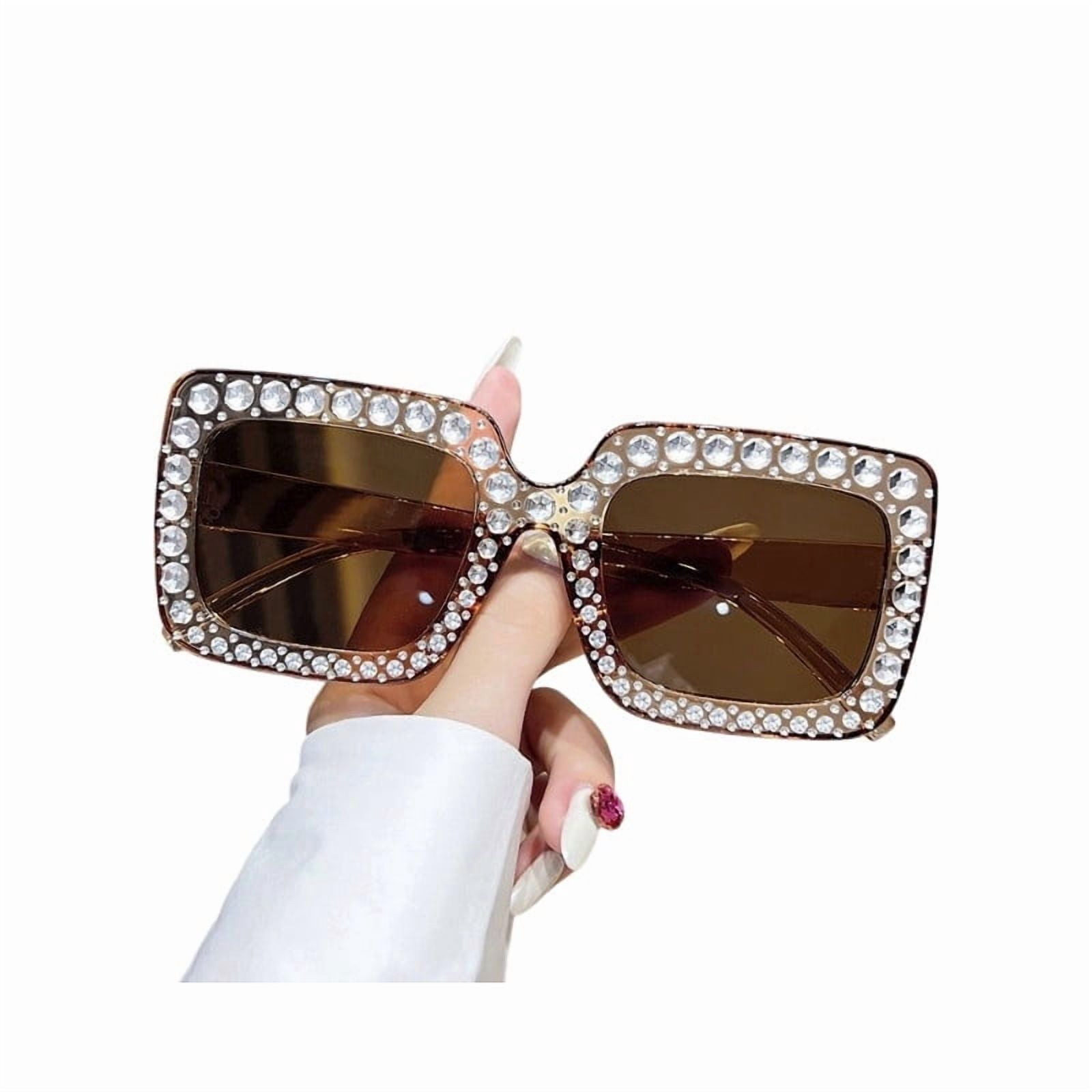 Qicasul Women's Oversized Rhinestone Sunglasses, Square Diamond Frame Fashion Eyewear, UV Protection Bling Party Glasses for Outdoor