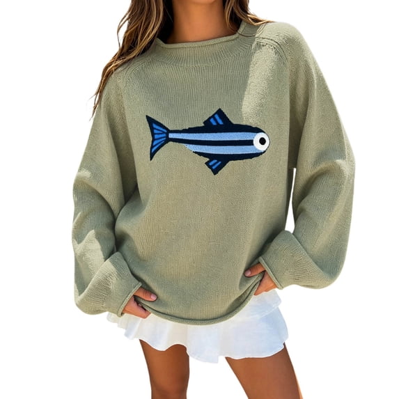 Women's Oversized Roll Neck Cute Fish Graphic Sweater Vintage Soft Knit Fabric Loose Jumpers Fall Pullover Sweater (Green L)