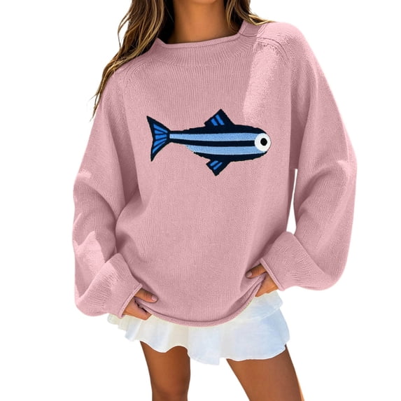 Women's Oversized Roll Neck Cute Fish Graphic Sweater Vintage Soft Knit Fabric Loose Jumpers Fall Pullover Sweater (Pink L)