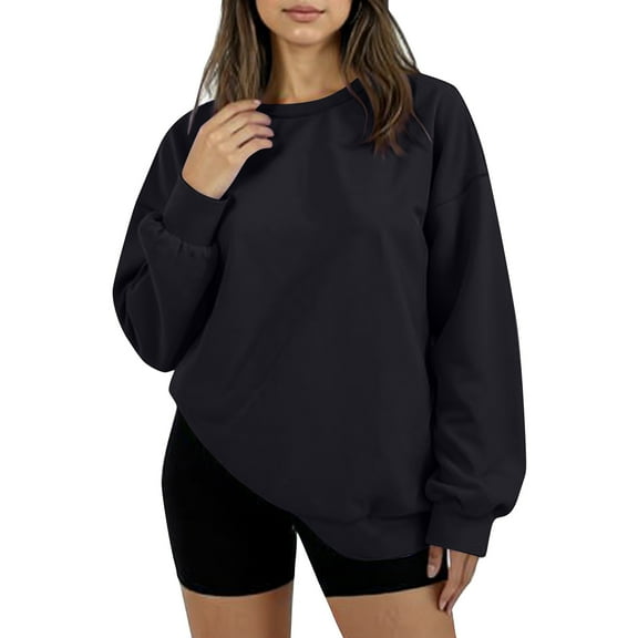 Women's Oversized Round Neck Fleece Hoodie Casual Comfort Pullover Tops for Women Fall Winter Clothing Soft Warm Loose Fit Sweatshirt for Daily Wear,Black,S