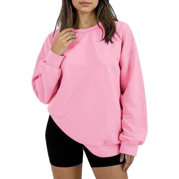 Women's Oversized Round Neck Fleece Hoodie Casual Comfort Pullover Tops for Women Fall Winter Clothing Soft Warm Loose Fit Sweatshirt for Daily Wear,Pink,S
