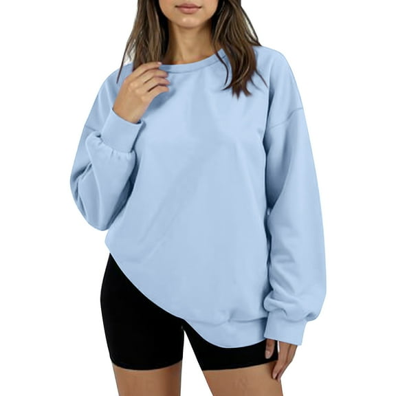 Women's Oversized Round Neck Fleece Hoodie Casual Comfort Pullover Tops for Women Fall Winter Clothing Soft Warm Loose Fit Sweatshirt for Daily Wear,Sky Blue,S