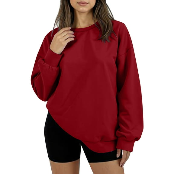 Women's Oversized Round Neck Fleece Hoodie Casual Comfort Pullover Tops for Women Fall Winter Clothing Soft Warm Loose Fit Sweatshirt for Daily Wear,Wine,S