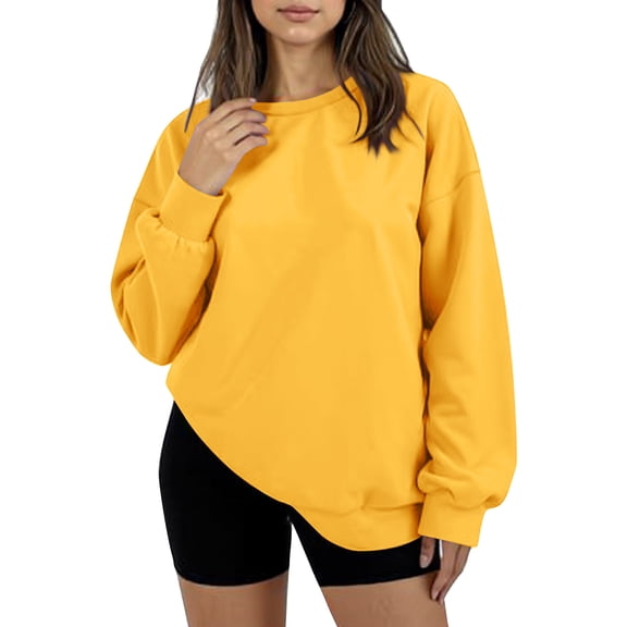 Women's Oversized Round Neck Fleece Hoodie Casual Comfort Pullover Tops for Women Fall Winter Clothing Soft Warm Loose Fit Sweatshirt for Daily Wear,Yellow,S