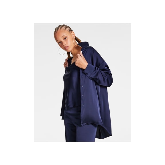 Women's Oversized Satin Collared Long-Sleeve Shirt Midnight S