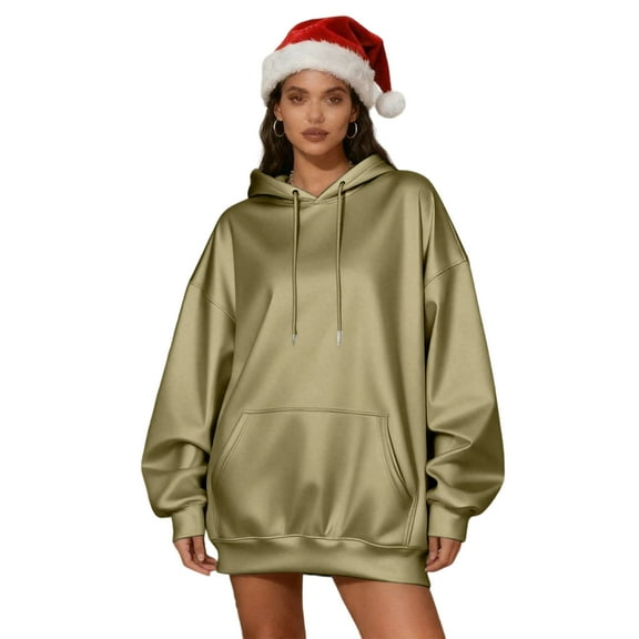 Women’s Oversized Satin Hoodie Pullover Loose Long Sleeve Smooth Stretch Casual Tunic Top with Drawstring Hood Round Neck Outerwear,Khaki,S