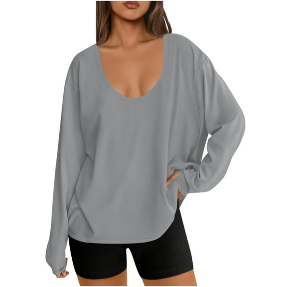 Women’s Oversized Scoop or V Neck Long Sleeve Tunic Top with Thumb Hole Loose Fit Solid Color Casual Basic Tee for Spring Plus Size Gym Wear,Gray,XL