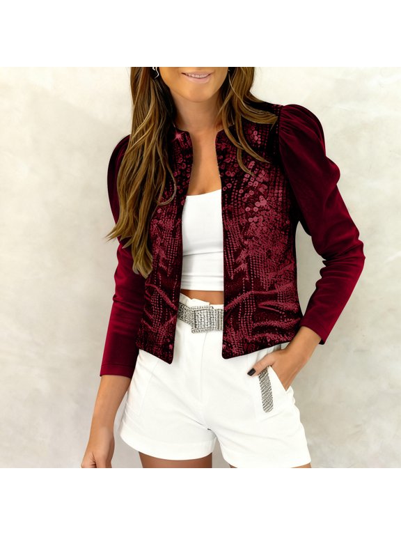 Women's Oversized Sequined Velvet Patchwork Cropped Jacket Fashion Casual Outerwear Dark Red S