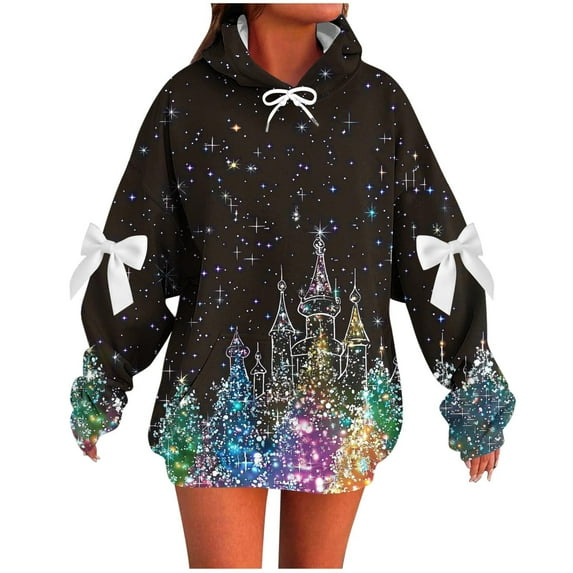 Women's Oversized Sequins Print Sweatshirt Long Sleeve Hooded Drawstring Pullover Sweatshirt With Pockets Fall Winter Fashion Clothes