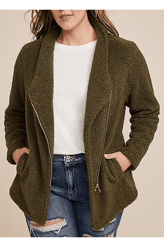 Women's Oversized Sherpa Fleece Jacket Long Sleeve Full Zip Soft Warm Stand Collar Fuzzy Outerwear Cozy Winter Coat with Patch Pockets for Cold Weather Daily and Outdoor Use