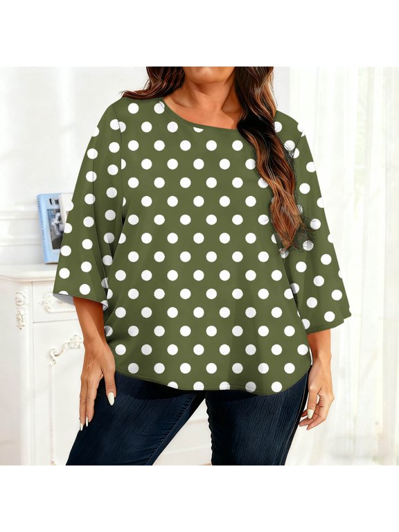 Women's Oversized Shirts Fashion Polkas Dots Printing 3/4 Sleeves T-Shirts Casual Loose Round Neck Blouse Tops Spring Summer Clothing