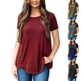 thumbnail image 1 of Plus Size Fashion Womens Blouses Solid Color Pullover Short Sleeved Button Round Neck, 1 of 6