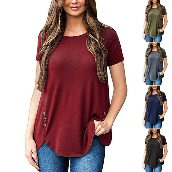 Women's Oversized Shirts Summer Asymmetrical Hem Short Sleeve Round Neck Solid Color Basic Blouse Button Decoration Plus Size Fashion Trendy Casual Cute Comfortable Lightweight Soft Tops