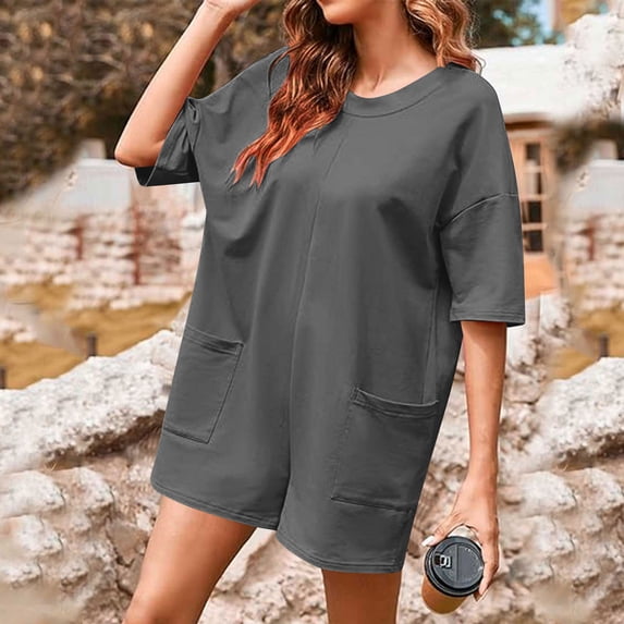 Women's Oversized Short Sleeve Romper with Pockets - Reversible Athletic Jumpsuit for Casual Wear and Workouts
