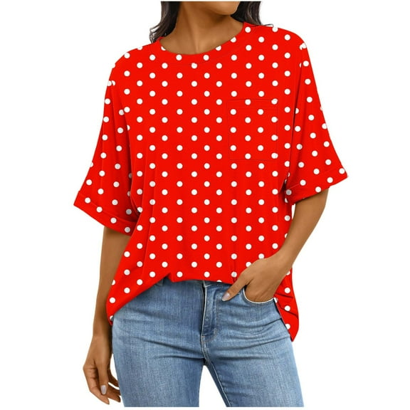 Women's Oversized Short Sleeve Tops Chest Pocket Polka Dots/Striped Graphic Print Crew Neck Casual T-shirts (2XL, Red)