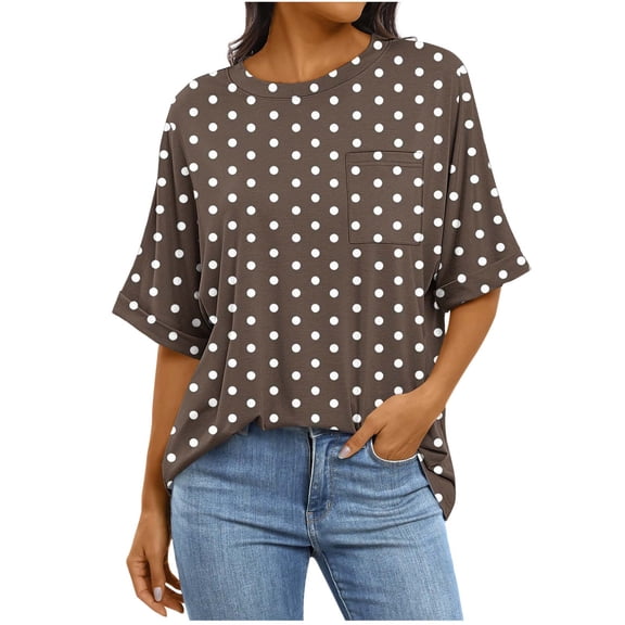 Women's Oversized Short Sleeve Tops Chest Pocket Polka Dots/Striped Graphic Print Crew Neck Casual T-shirts (S, Brown)