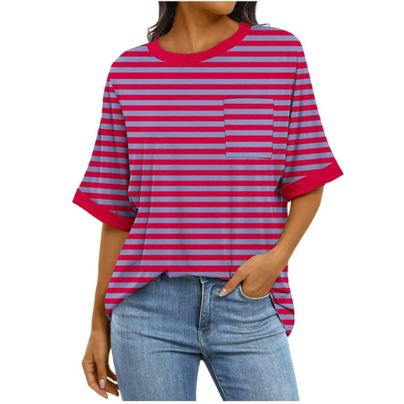 Women's Oversized Short Sleeve Tops Chest Pocket Polka Dots/Striped Graphic Print Crew Neck Casual T-shirts (S, Hot Pink-Striped)