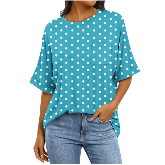 Women's Oversized Short Sleeve Tops Chest Pocket Polka Dots/Striped Graphic Print Crew Neck Casual T-shirts (S, Light Blue)