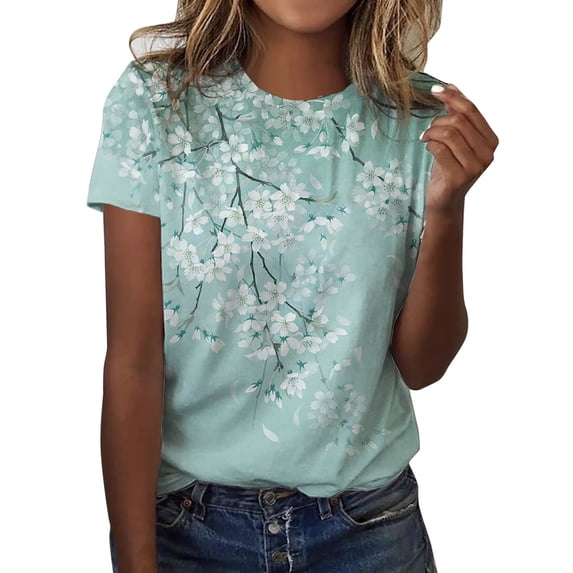 Women's Oversized Short Sleeve Tops Floral Graphic Printed Blouses 2025 Basic Crewneck Tee Fall Casual Fashion Y2K Shirts