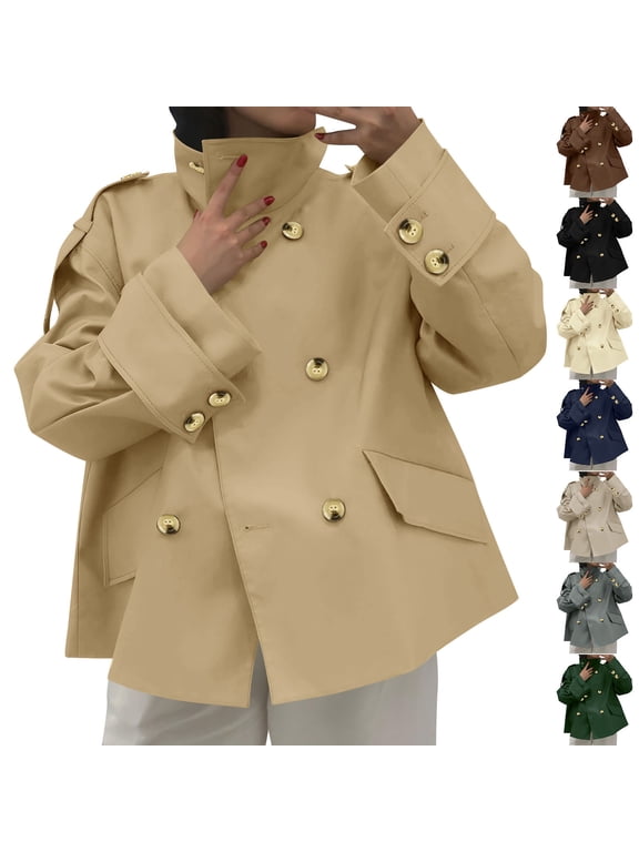 Women's Oversized Short Trench Coat Double Breasted Stand Collar Cropped Jacket Outerwear Fall Casual Work Office Autumn Fashion | CSEONE,Coffee 2XL