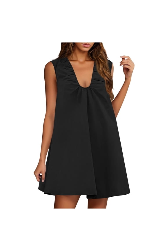 Women's Oversized Sleeveless Mini Dress Deep U-Neck Ruched Bust Dress Comfortable Breathable Design for Spring Summer Home Outing Casual Wear