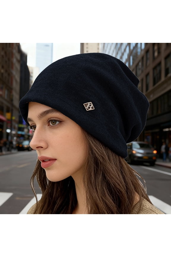 Women's Oversized Slouchy Knit Beanie, Extra Large Loose Winter Hat, Thickened Double Layer Cold Weather Cap for Big Head, Daily Casual Wear and Gift Black
