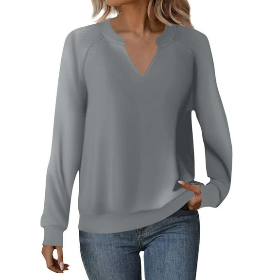 Women's Oversized Solid Color V-Neck Raglan Sleeve Pullover Sweatshirt, Lightweight Breathable Casual Top for Daily Wear, Parties, Vacation, Dating and Club Outings Grey S
