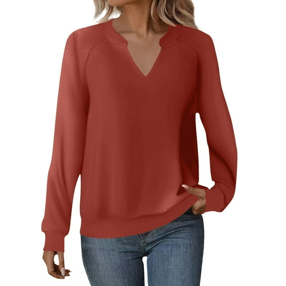 Women's Oversized Solid Color V-Neck Raglan Sleeve Pullover Sweatshirt, Lightweight Breathable Casual Top for Daily Wear, Parties, Vacation, Dating and Club Outings Watermelon Red S