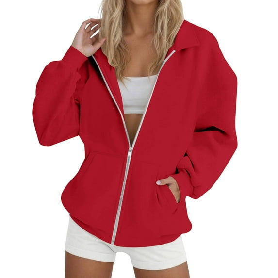 Women's Oversized Solid Color Zip Up Hoodie with Lapel Collar, Soft Breathable Pullover Sweatshirt, Loose Fit Casual Streetwear Top for Daily Fashion, Parties and Vacation Outfits Red XXXL