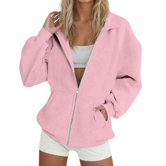 Women's Oversized Solid Color Zip Up Hoodie with Lapel Collar, Soft Breathable Pullover Sweatshirt, Loose Fit Casual Streetwear Top for Daily Fashion, Parties and Vacation Outfits Pink S