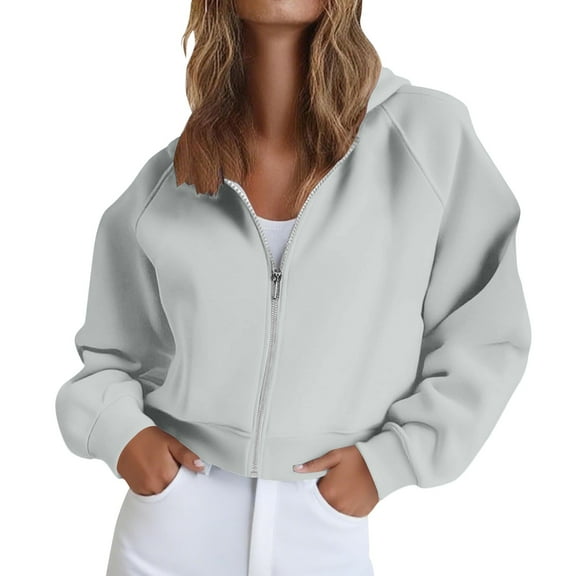 Women's Oversized Solid Color Zip Up Hoodie with Raglan Sleeves, Cropped Length Pullover Sweatshirt, Soft Breathable Casual Streetwear Top for Daily Wear, Parties and Vacation Outfits Grey L