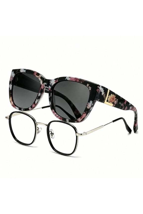 Women's Oversized Square Magnetic Clip-on Polarized Sunglasses & Myopia Compatible Optical Glasses Transparent Pink & Matte Metal UV400 for All Day Wear Driving Errands