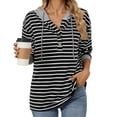 thumbnail image 1 of Women's Oversized Striped Button-up Hoodies Drawstring Hooded Sweatshirt Long Sleeve Shirts Pullover Tops for Women Black S, 1 of 8
