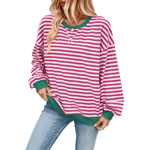 Women's Oversized Striped Crewneck Y2K Sweatshirts Long Sleeve Pullover Tops Casual Loose Workout Shirt