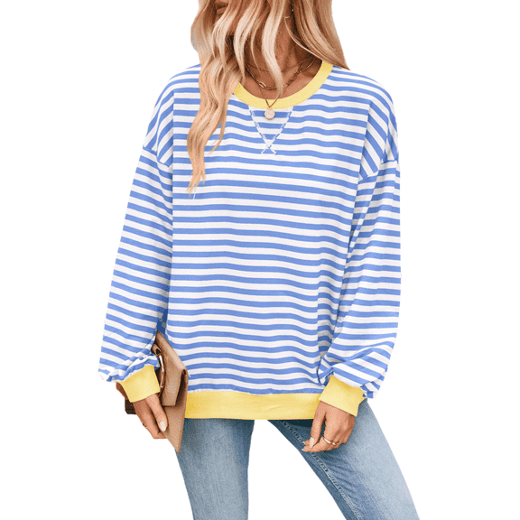 Women's Oversized Striped Crewneck Y2K Sweatshirts Long Sleeve Pullover Tops Casual Loose Workout Shirt