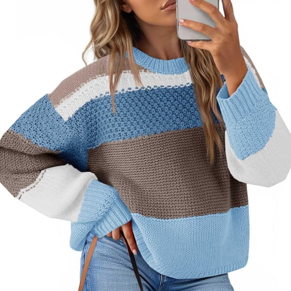 Women's Oversized Striped Cropped Sweater Casual Knit Pullover Top