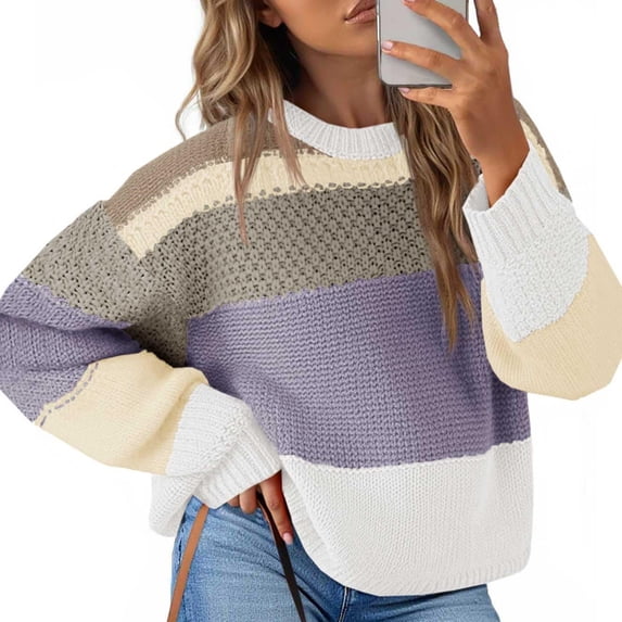 Women's Oversized Striped Cropped Sweater Casual Knit Pullover Top