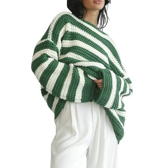 Women's Oversized Striped Knit Sweater Soft Chunky Pullover with Long Sleeves, Casual Loose Fit