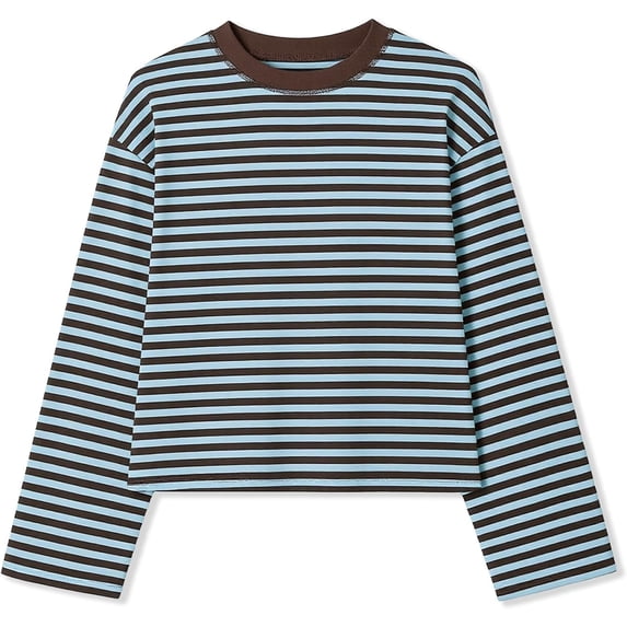 Women's Oversized Striped Long Sleeve Shirt Crewneck Tops Drop Shoulder Y2K Fall Clothes