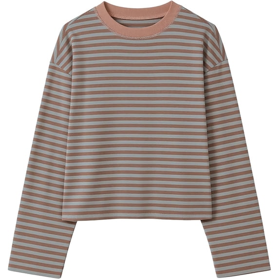 Women's Oversized Striped Long Sleeve Shirt Crewneck Tops Drop Shoulder Y2K Fall Clothes