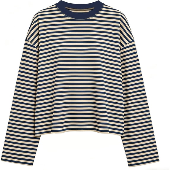 Women's Oversized Striped Long Sleeve Shirt Crewneck Tops Drop Shoulder Y2K Fall Clothes